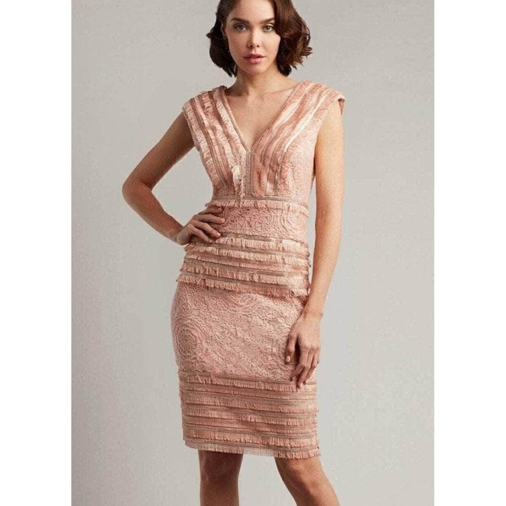 New Tadashi Shoji Sterne Antique Pink Dress Womens 8 Lace Fringe VNeck